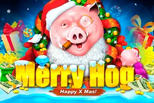 Alegre y festiva imagen del juego Merry Hog, con el simpático personaje del cerdo en un ambiente festivo.